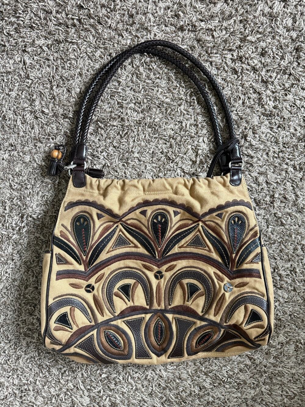 Brighton Canvas Hobo Tote Large Brown Leather Heart Charm Shoulder Bag Purse